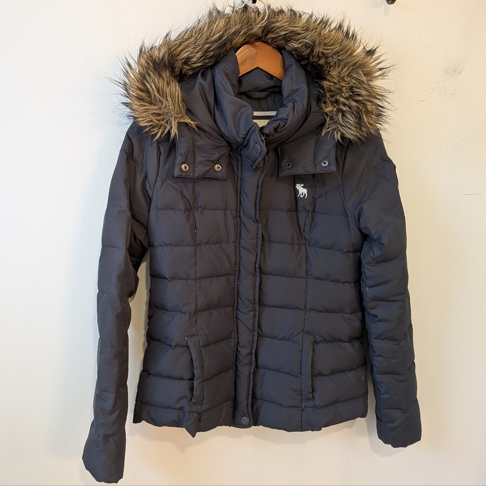 VTG y2k 90s Abercrombie & Fitch Grey Down Puffer Jacket Faux Fur Medium
